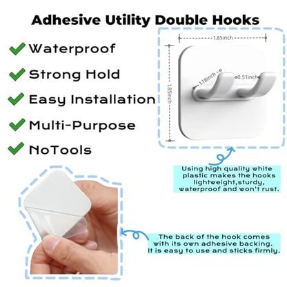 Adhesive Utility Hooks,Waterproof Sticking Double Hooks,No Damage Wall Hanger,Multi Purpose White Plastic Hook for Shaving Razor, Towel, Robe,Plug, Keys, Kitchen Utensils(5)