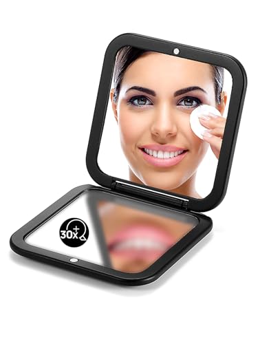 OMIRO Folding Compact Mirror, 1X/30X Magnification 3½” Pocket Size Square Hand Mirror for Travel Makeup (Black) - color: Black-30x