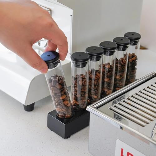 watchget Coffee Bean Container 6PCS Coffee Bean Cellars Tubes Single Dose Coffee Bean Storage with One-Way Exhaust Valve & Black Stand & Silicone Funnel- Organized Storage Solution - color: Black Aluminum Lid 6PCS