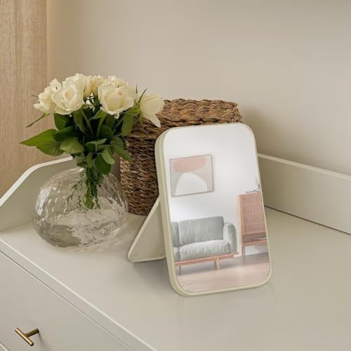 8-Inch Table Desk Vanity Makeup Mirror, Simple Portable Travel Mirror with Stand, Standing and Wall Hanging Dual-use, Beige - color: Beige