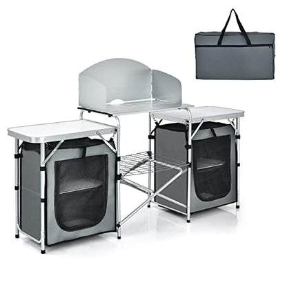 GYMAX Folding Camping Table, Portable Kitchen Table with 2 Zipper Organizer Shelf & Wind Screen, Foldable Cooking Table for Camping Hiking Picnic BBQ (Grey) - color: Grey