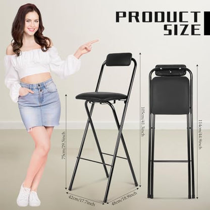 Thyle 2 Pcs Folding Bar Stool with Backrest, Tall Foldable Stool Chair Portable High Folding Bar Chair Counter Height Seat Leather Padded for Kitchen Island Shop Cafe Dining Room Black (29.5 Inch) - size: 29.5 Inch