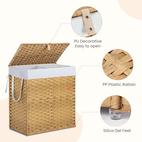 DUMOS Wicker Laundry Basket with Lid, 110L Woven Laundry Hamper with Handles, Foldable Rattan Clothes Hamper with Removable Liner & Sturdy Steel Frame, Goose Yellow - color: Goose Yellow, size: 110L