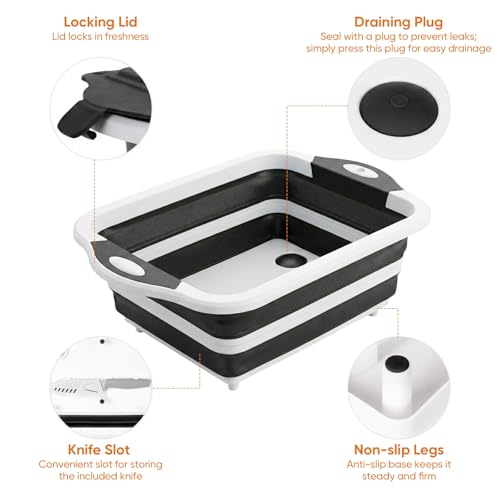 Collapsible BBQ Prep Tub with Lid, Foldable Camping Sink with Colander, Cutting Board, Dish Basin for Kitchen, Bowl, Vegetable and Fruit, Storage Basket for Picnic-Black - color: Black