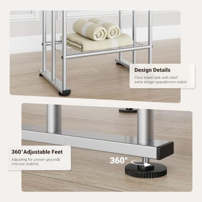 ELYKEN 3 Tier Standing Towel Rack, 40'' Tall Towel Drying Rack Outdoor, Freestanding Floor Towel Rack with Shelf, Pool Towel Blanket Stand, Metal Towel Racks for Bathroom freestanding, Smooth Silver - color: Silver