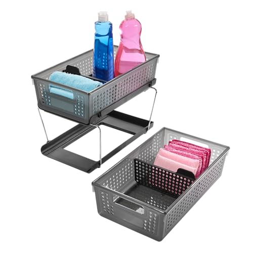 madesmart Two-Tier Under Cabinet Organizer, Sliding Drawer Storage for Cleaning Supplies & Bottles, Carbon