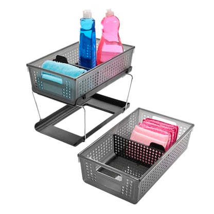 madesmart Two-Tier Under Cabinet Organizer, Sliding Drawer Storage for Cleaning Supplies & Bottles, Carbon