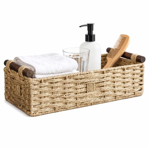 Woven Bathroom Basket with Wood Handles — Toilet Paper Storage Organizer, Back of Toilet Basket, Natural Wicker Basket for Tank Top, Countertop or Shelf - color: Warm Khaki