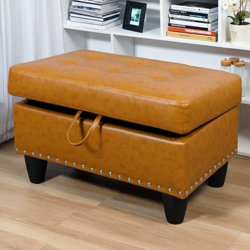Chesterfield Ottoman with Storage,28.5" Large Square Storage Retro Rivet Ottoman Footstool Bench Coffee Table with Thick Cushion for Home Decor/Entryway/Living Room/Bedroom/Rv,Ginger Leather - color: Ginger Leather
