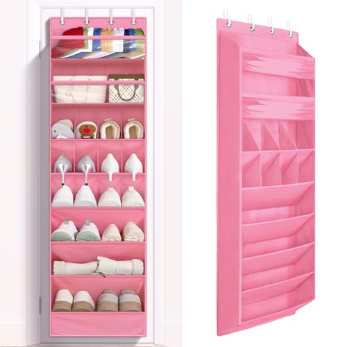 FENTEC 1 Pack 8 Shelves Over The Door Shoe Organizer,68" Exlarge Deep Pockets Hanging Shoe Organizers, Shoe Rack for Closet, Shoe Holder for Boots,Over Door Organizer in Home, RV, Dorm, Pink - color: PINK, size: 25+ Pairs