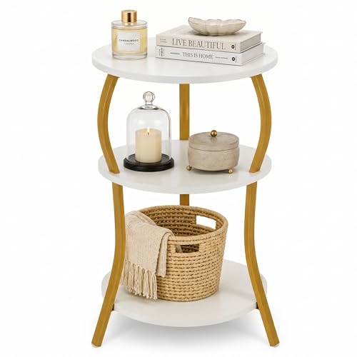 Vintage Small Round Side Table, 3-Tier Slim Waist Circular End Table with Storage Shelf, Compact Tea Sofa Table, Round Corner Coffee Table Nightstand for Living Room Bedroom Small Spaces,White+ Gold - color: White+gold, style: Classic