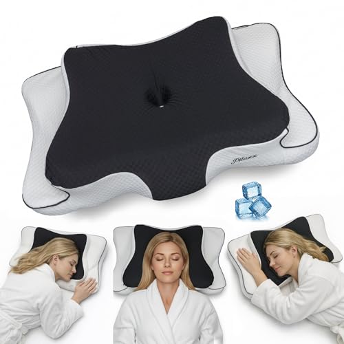Cervical Neck Pillow for Sleeping – Cooling Memory Foam Cervical Pillow for Side Sleepers and Back Sleepers – Contour Ergonomic Neck Support (Black/White, Cooling) - color: Black / White
