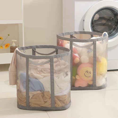 Mesh Bag with Handles, Collapsible Laundry Basket, Foldable Laundry Bag, Breathable Folding Beach Bag,Space-saving Travel Tote Bags (2, Grey) - color: Grey
