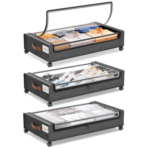 Yecaye 3 Pack Under Bed Storage with Wheels, Under Bed Storage Containers, Underbed Shoe Storage Organizer, Rolling Under Bed Metal Drawers for Clothes, Blankets(30.7 x 16.9 x 6.7 in) - color: Grey, size: Large(3pack)