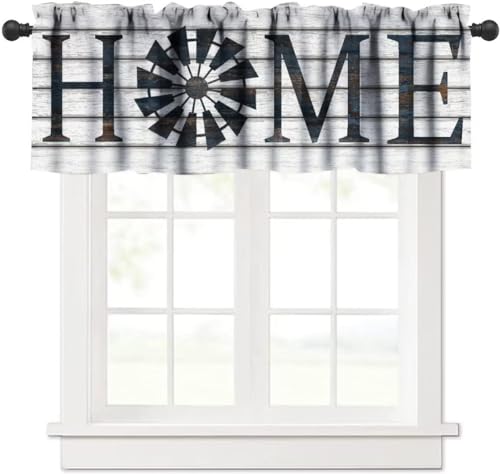 Retro Windmill Valance Curtain, Rustic Farmhouse Wood Grain Country Style Print Rod Pocket Blackout Window Valance for Kitchen Cafe Living Room Bathroom, 54x18in - color: Farmhouse-17
