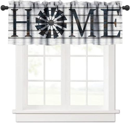Retro Windmill Valance Curtain, Rustic Farmhouse Wood Grain Country Style Print Rod Pocket Blackout Window Valance for Kitchen Cafe Living Room Bathroom, 54x18in - color: Farmhouse-17