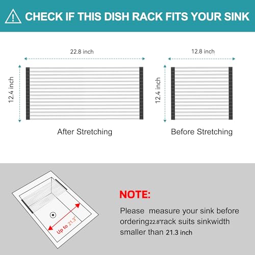 Extra Large Expandable Roll Up Dish Drying Rack,Over The Sink Drying Rack Sink Cover Kitchen Sink Accessories Kitchen Rolling up Stainless Steel Drainer, Foldable,Rollable（Black，22.8''-12.4''） - color: Black, style: 16 tubes，expandable