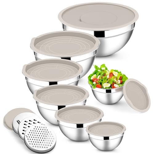E-far Mixing Bowls with Lids Set, 7-Piece Stainless Steel Metal Mixing Bowls with Grater Attachments, Size 4.6, 3.5, 2.6, 2, 1.5, 1, 0.7QT, Nesting Design & Khaki Airtight Lids, For Cooking/Serving - color: Khaki, size: 7 Regular Sizes