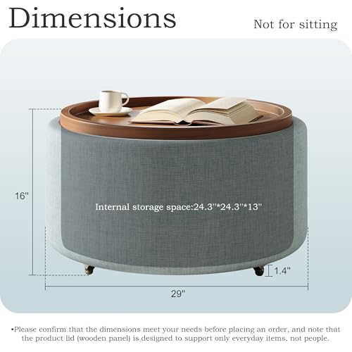Round Storage Ottoman Coffee Table with Walnut Tray, 30'' Round Ottoman with Storage, Modern Upholstered Coffee Table with with 4 Casters for Living Room, Linen Fabric, Light Blue - color: Light Blue