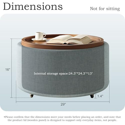 Round Storage Ottoman Coffee Table with Walnut Tray, 30'' Round Ottoman with Storage, Modern Upholstered Coffee Table with with 4 Casters for Living Room, Linen Fabric, Light Blue - color: Light Blue