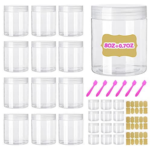 AMORIX 8oz Clear Plastic Jars with Lids 8 oz Plastic Containers with Lids + 20g Sample Containers (Set of 24) Airtight Container for Lip Scrub, Body Butters, Cream, Slime, Craft Storage - color: Clear Lid, size: 8 OZ + Sample Jars