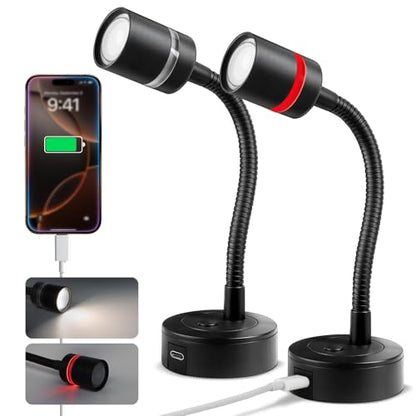 acegoo 12V LED Reading Light, RV Dimmable Reading Lamp with 20W USB-C Charger Red Nightlight & Steel Flexible Neck Light for Boat Camper Van Trailer Interior, Surface Mount, 2-Pack (Standard)