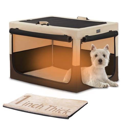 PETSFIT Portable Dog Crate for Small Dogs, – 24" Soft Dog Travel Crates with Lockable Zippers & Thicken Mat, Adjustable Patented Spiral Steel Frame, Collapsible Kennel for Indoor & Outdoor - color: Brown(With Mat), size: 24.0"L x 18.0"W x 17.0"H