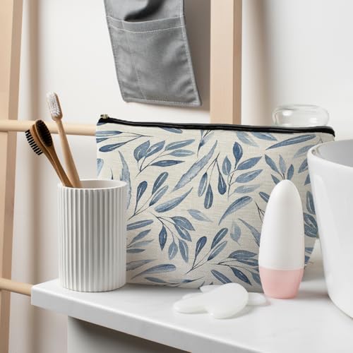 Blue Floral Makeup Bag Pouch, Blue and White Chinoiserie Makeup Pouch, Floral Cosmetic Bag, Boho Botanical Leaves Cosmetic Bag for Women - color: Blue Leaves
