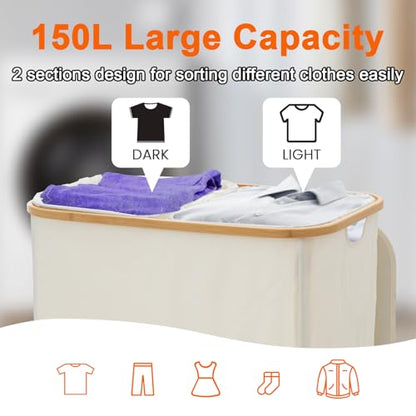 GARPROVM Double Laundry Hamper with Lid 150L Large Laundry Basket with Bamboo Handles Foldable Clothes Hampers with 2 Removable Liner Bags for Laundry for Bedroom Bathroom Dorm Laundry Room (Beige) - color: Beige