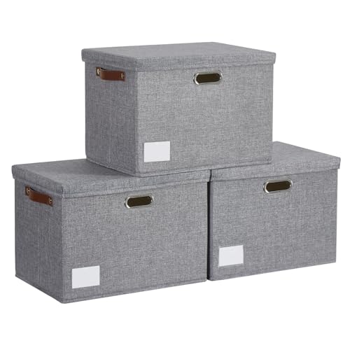 15" Large Collapsible Storage Bins with Lids, Stackable Closet Organizers with PU Handle and Labels, 3-Pack Decorative Fabric Storage Boxes for Home, Bedroom, Closet, Office, Nursery(Gray) - color: Gray, size: Medium-15"