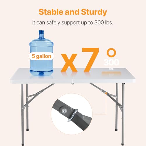 4 Feet Folding Picnic Table, Plastic Table with Carrying Handle, Heavy Duty Portable Table for Camping Party, White