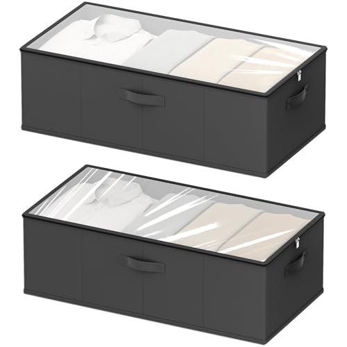 2 Pack Under Bed Storage Containers, 10 Inch Tall Underbed Clothes Storage Organizer Bin with Clear Window，Foldable Box Basket for Clothes, Closet, Bed Sheets and Blankets Black - color: Black