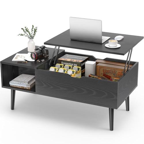 Sweetcrispy Lift Top Coffee Table Black for Living Room, Small Rising Wooden Dining Center Tables with Storage Shelf and Hidden Compartment