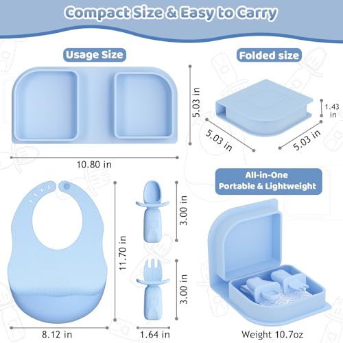 Blue Silicone Foldable Feeding Set, Travel Baby Feeding Supplies Including Toddler Plates, Silicone Baby Spoon&Fork, Adjustable Foldable Bib, Portable Infant Toddler Utensils - color: Blue
