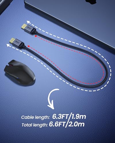 Silkland 80Gbps DisplayPort Cable 2.1 6.6FT/2M [VESA Certified], [8K@240Hz, 4K@540Hz 360Hz 240Hz] DP 2.1 Cable 16K, DP80 HDR DSC HDCP, Display Port Cord Compatible DP 1.4, Gaming Monitor 5090 9070XT - size: 6.6 Feet