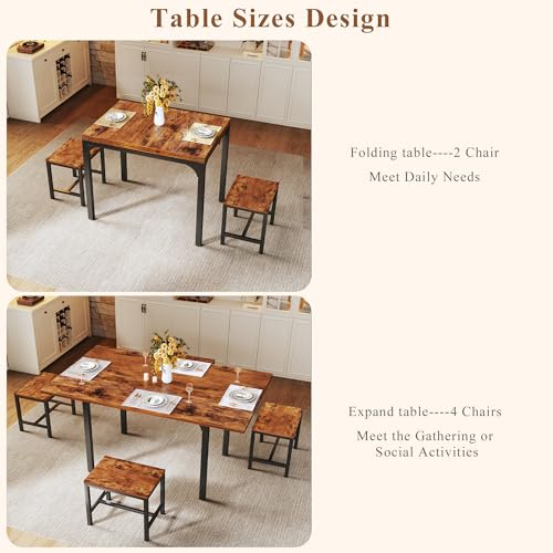 HUAHUU Dining Table Set for 4, Extendable Kitchen Table Chairs Set of 4, Rectangle Dining Table with Metal Frame & MDF Board, Folding for Small Apartment Saving Space, Rustic Brown - color: Rustic Brown