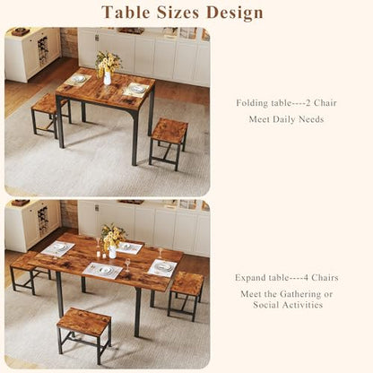 HUAHUU Dining Table Set for 4, Extendable Kitchen Table Chairs Set of 4, Rectangle Dining Table with Metal Frame & MDF Board, Folding for Small Apartment Saving Space, Rustic Brown - color: Rustic Brown