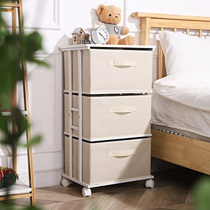 MAX Houser Dresser Tower with 3 Drawers for Bedroom, Fabric Storage Organizer Unit, Chest of Drawers with with WoodTop, Small Vertical Storage for Guest Room, Closet, Entryway(Beige) | Fabric Storage Organizer Unit, Chest of Drawers with with WoodTop, Sma
