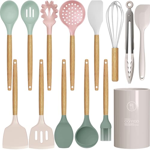 oannao Silicone Cooking Utensils Set - 446°F Heat Resistant Silicone Kitchen Utensils for Cooking,Kitchen Utensil Spatula Set w Wooden Handles, BPA FREE Gadgets for Non-Stick Cookware (Colorful) - color: Colorful