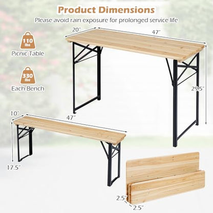 Tangkula 3 Piece Folding Picnic Table with 2 Benches, Foldable Wood Picnic Table Bench Set with Heavy-Duty Metal Frame for 4, Space-Saving Outside Table and Bench Set for Backyard, Patio, Garden
