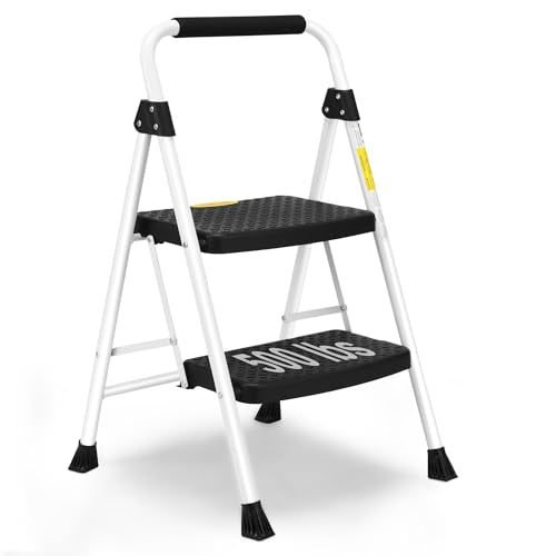 SocTone 2 Step Ladder, Folding Step Stool for Adults with Handle, Lightweight, Perfect for Kitchen& Household, 500lbs Capacity Sturdy Steel Ladder, White - size: 2-Step