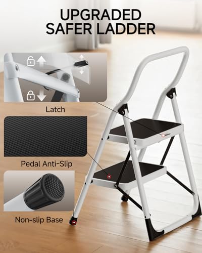 SOLADDER 2 Step Stool, Folding Step Ladder with Wide Anti-Slip Pedal & Safety Lock, Step Stool for Kitchen, Bathroom, Office, 300lbs Capacity - size: 2 Step