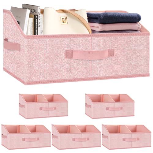 Closet Storage Bins 6 Pack, Large Closet Organizer Baskets with Divider & Handles,Trapezoid Fabric Shelf Organizers, Collapsible Storage Cubes for Clothes, Towels, Toys - Pink - color: Pink
