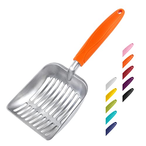 WePet Cat Litter Scoop, Aluminum Alloy Sifter, Kitty Metal Scooper, Deep Shovel, Long Handle, Poop Sifting, Kitten Pooper Lifter, Durable, Heavy Duty, for Litter Box - color: FLAT Aluminum \ #09 Orange Handle, size: Small