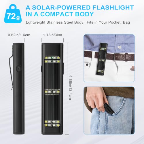 Solar/Rechargeable Flat Flashlights, 900 Lumens EDC Tactical Flashlight, Multi Function LED Small Flashlight, 7 Modes IP65 Waterproof for Home, Camping,and Emergency Use (Black) - color: Black