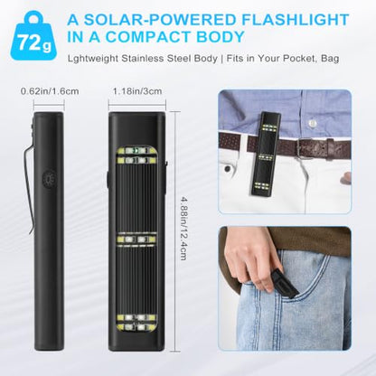Solar/Rechargeable Flat Flashlights, 900 Lumens EDC Tactical Flashlight, Multi Function LED Small Flashlight, 7 Modes IP65 Waterproof for Home, Camping,and Emergency Use (Black) - color: Black