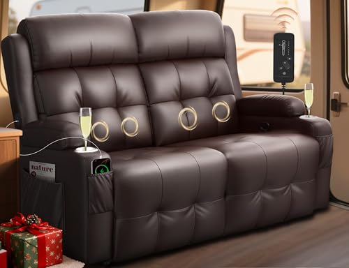 RV Loveseat Recliner Sofa, Wall Hugger Massage Reclining RV Couch with USB, Insert Pockets, Cup Holders, 150° RV Recliners Sleeper Sofas for RV Furniture & Travel Trailers & Home Theater Seating - color: Brown, size: Loveseat-G1
