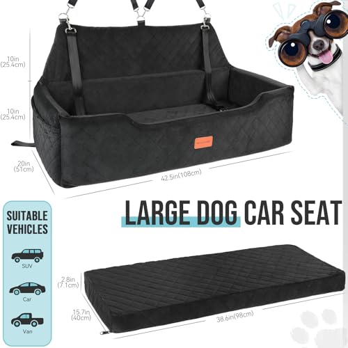 HEGGCOOE Large Dog Car Seat Under 100 lbs, Washable Dog Car Bed for 2 Medium Dogs, Detachable Pet Booster Seat with Storage Pocket and Seat Belt for Back Seat Dog Travel Bed - color: Black