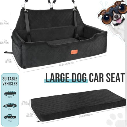 HEGGCOOE Large Dog Car Seat Under 100 lbs, Washable Dog Car Bed for 2 Medium Dogs, Detachable Pet Booster Seat with Storage Pocket and Seat Belt for Back Seat Dog Travel Bed - color: Black