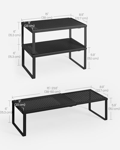SONGMICS Spice Rack, Expandable Kitchen Countertop Shelf, Small Cupboard Organizer, Metal, Space-Saving Tabletop Shelf, Matte Black UKCS007B01 - color: Matte Black, size: Set of 1